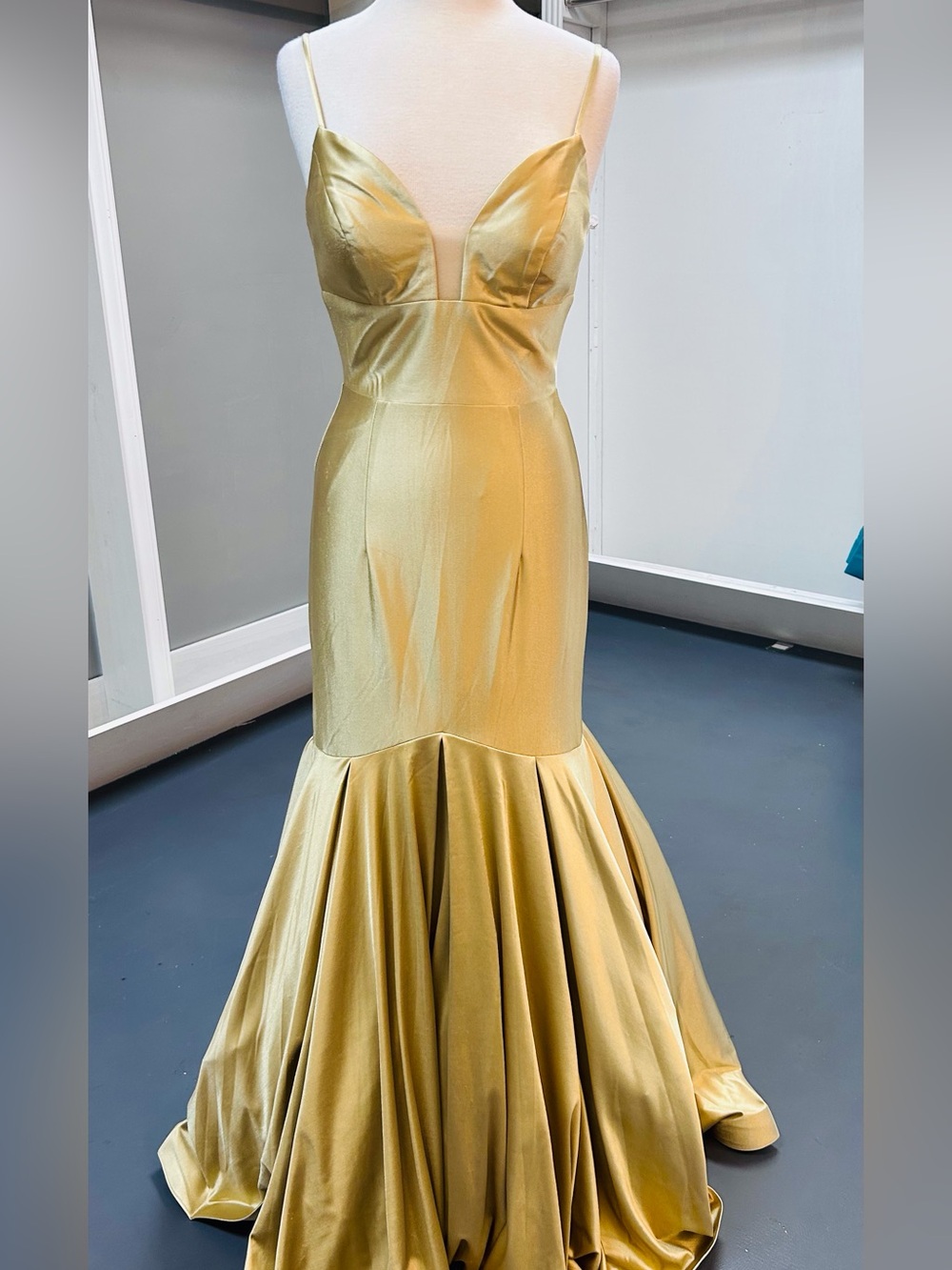 Gold Satin Mermaid Prom Dress with Plunging Bodice